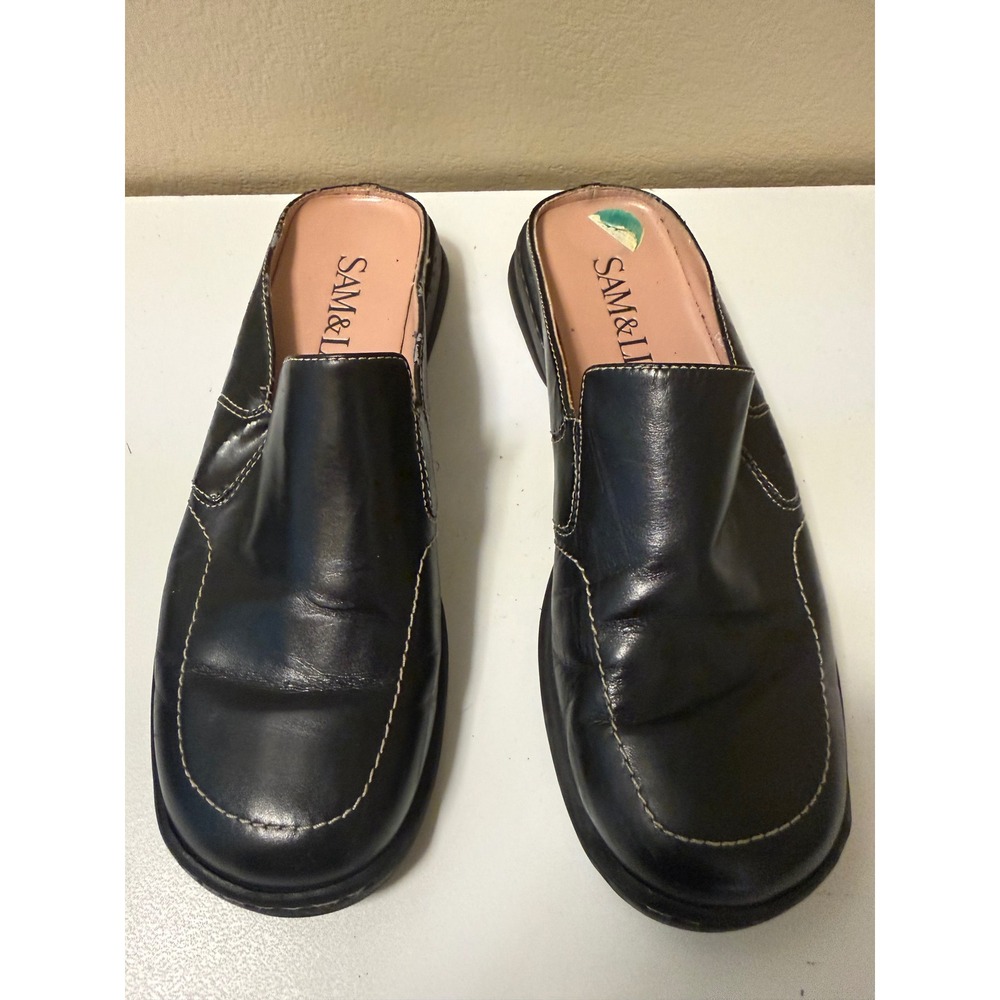 Sam & Libby Laurel Black Leather Mules White Stitching Slip On Loafers Womens 8M